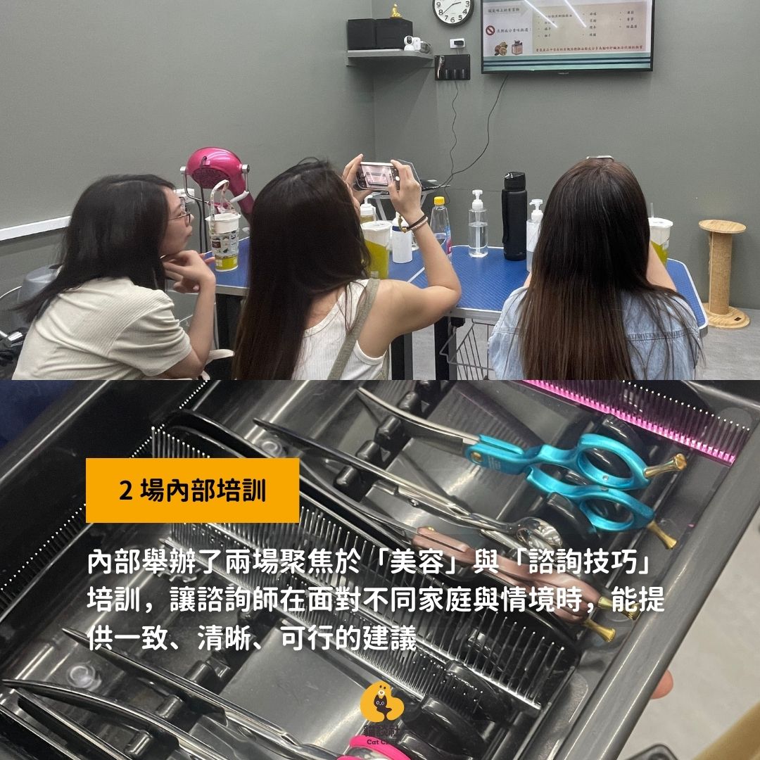 貓談社內部舉辦了兩場內訓,關於美容和諮詢技巧,幫助諮詢師們面對不同飼主